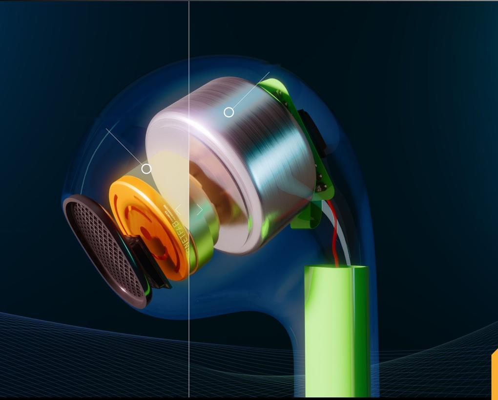 Exploded view of an earbud with a 5X smaller magnetic MEMS loudspeaker built with MagnetFab micromagnets, freeing design volume for the battery