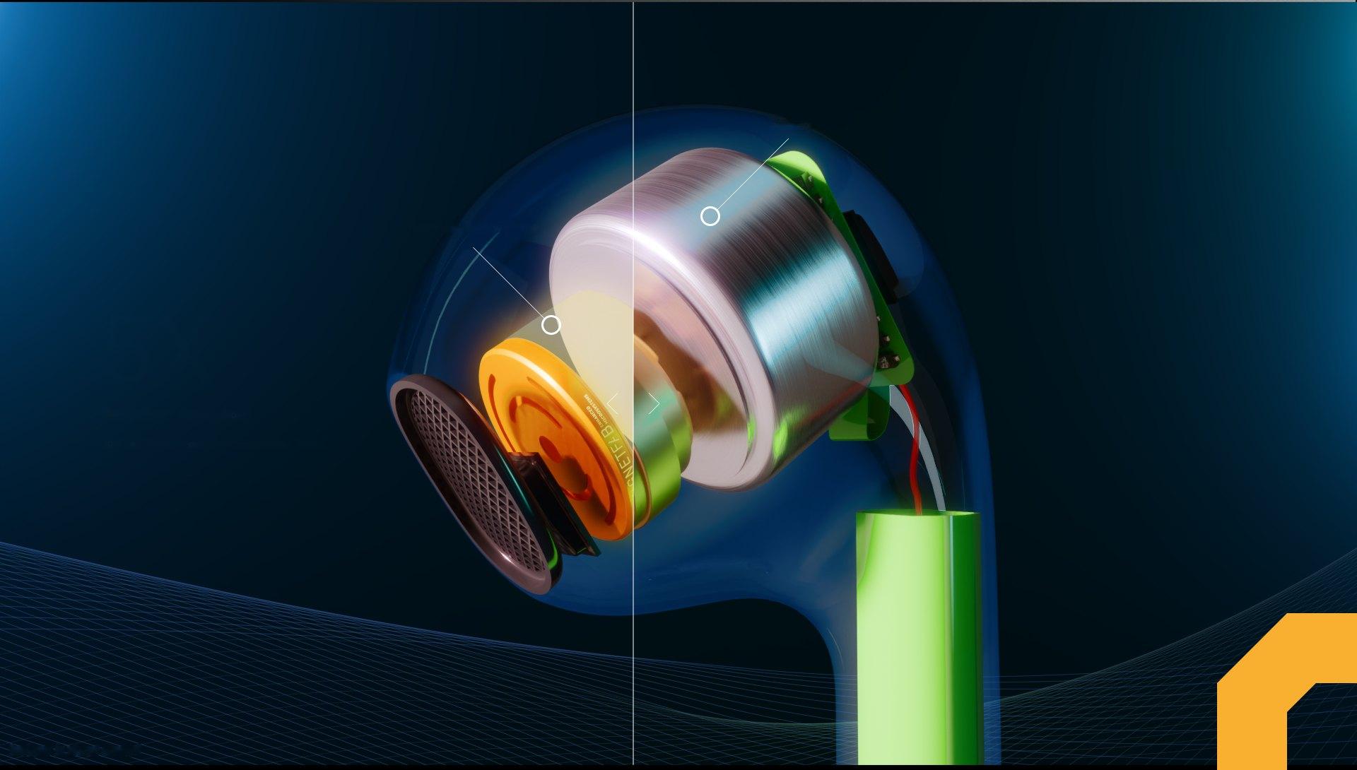 Exploded view of an earbud with a 5X smaller magnetic MEMS loudspeaker built with MagnetFab micromagnets, freeing design volume for the battery