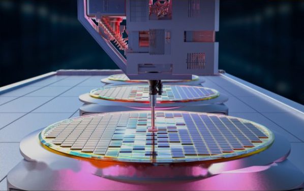 Semiconductor wafers being processed, illustrating quantum technologies applications of MagnetFab micromagnets